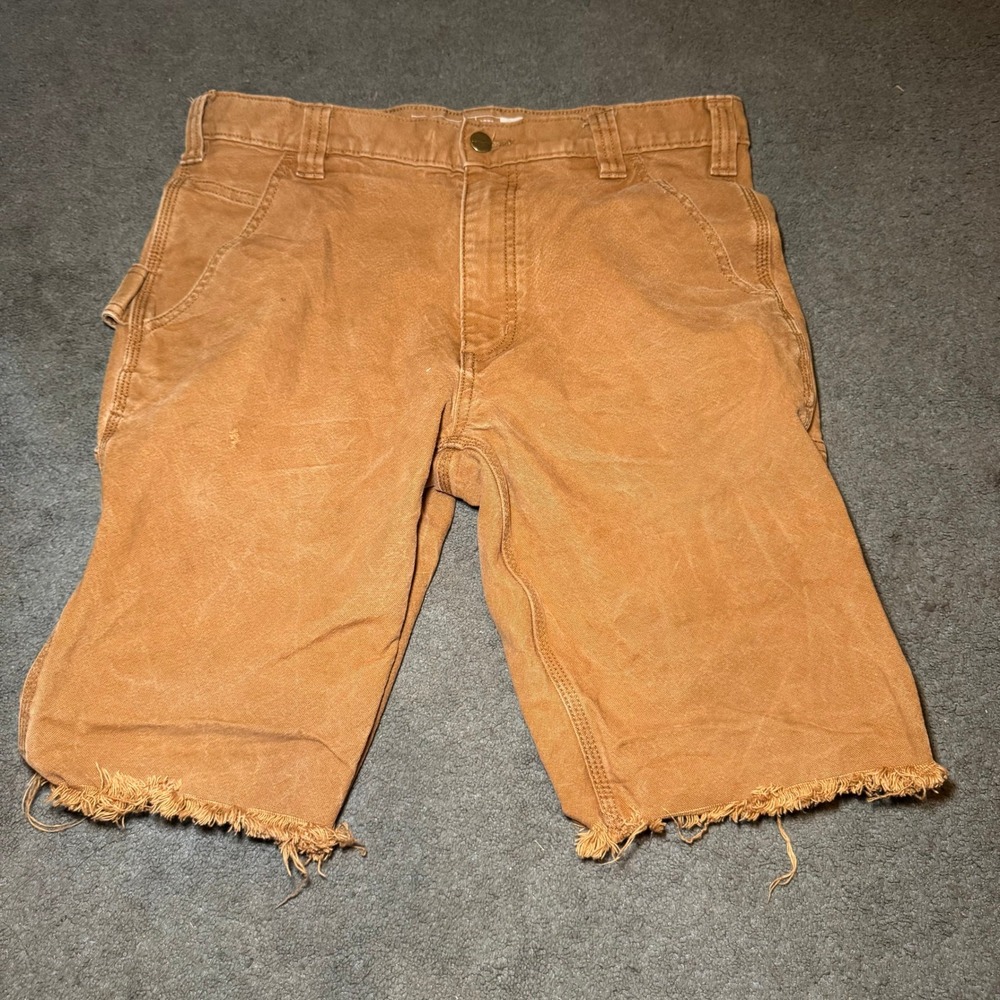 Carhartt Mens Brown Duck Canvas Carpenter Shorts Custom Raw Hem 33x34 Straight